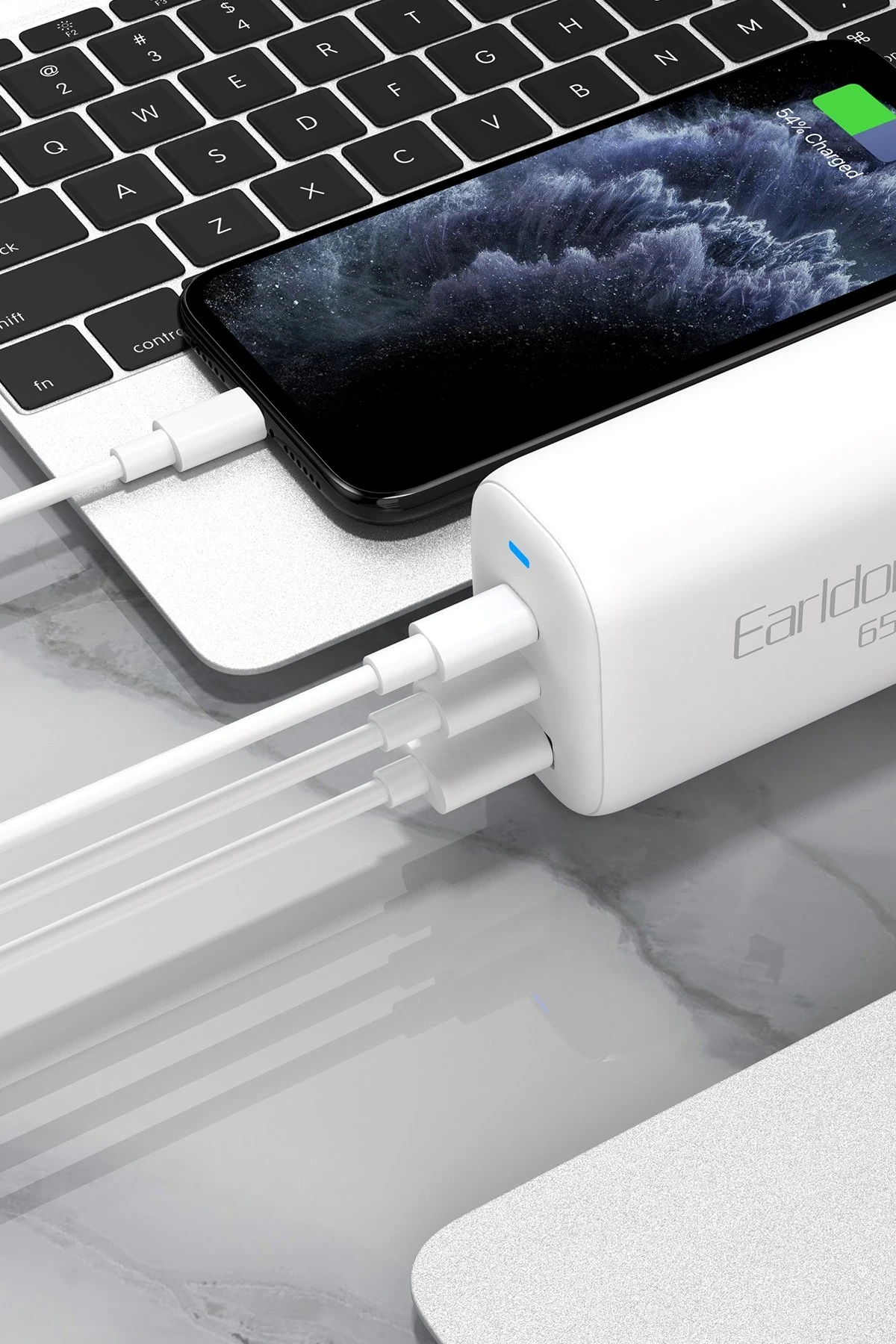 Earldom EU26C 2 Adet 65W Type-C ve 1 Adet 30W USB 3.0 Çıkışlı Ekstra Type-C to Type-C Kablolu GAN Şarj Cihazı