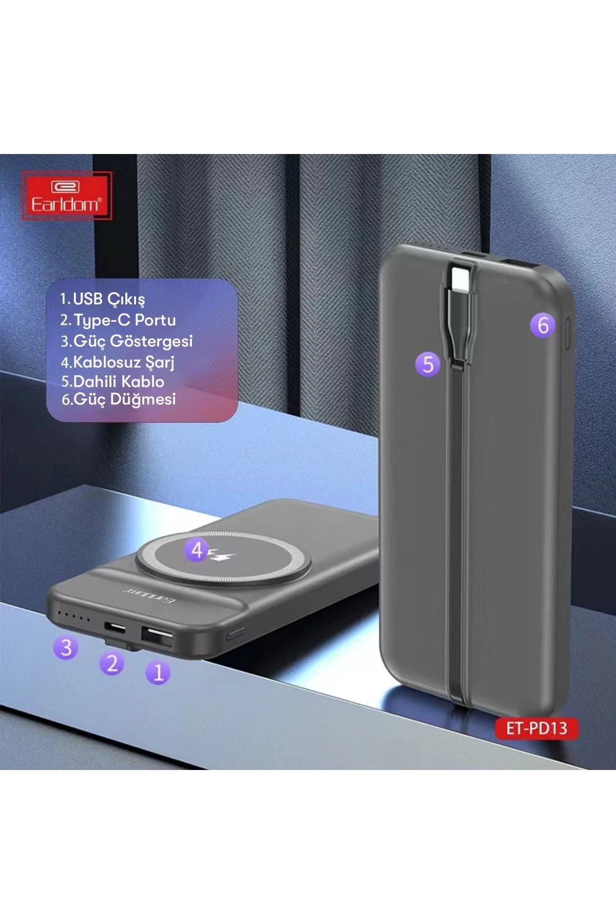 Earldom PD13 10.000 mAh Kablosuz Şarjlı PD Hızlı Şarj Powerbank
