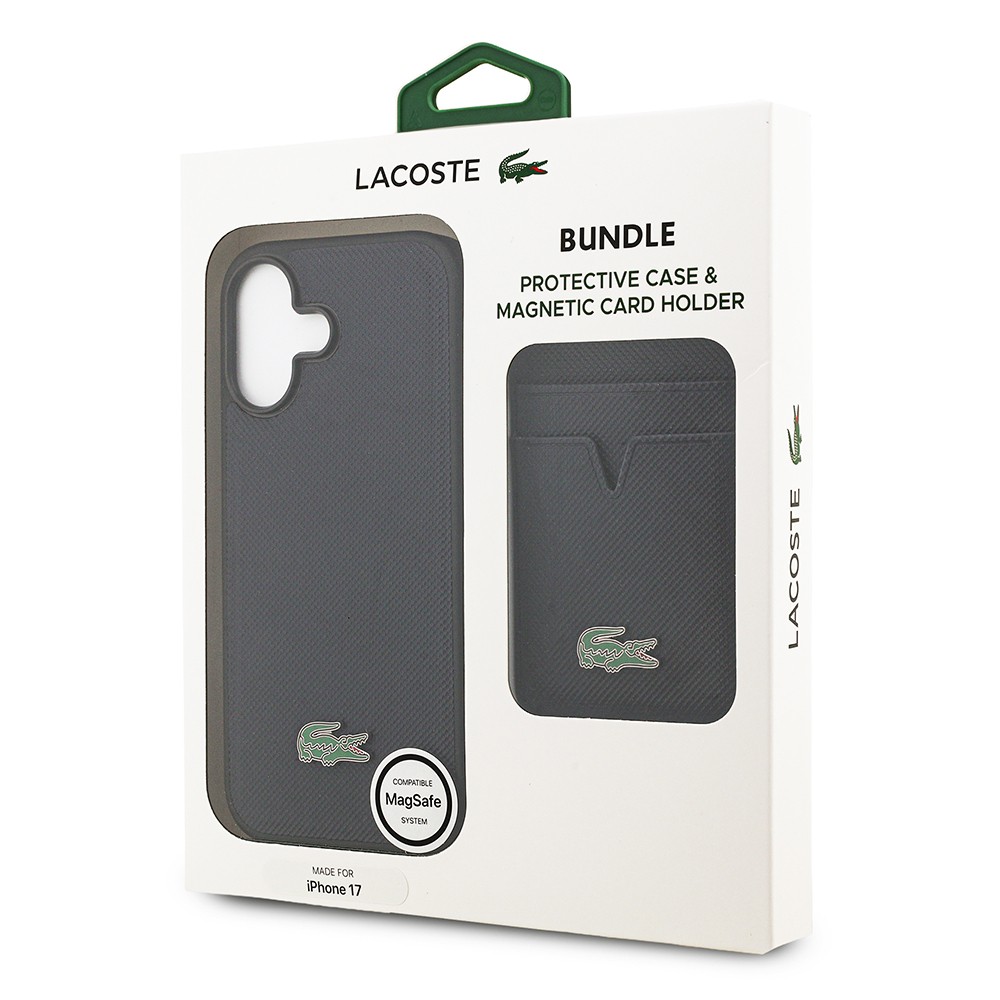 Apple iPhone 17 Kılıf Lacoste Orjinal Lisanslı M-safe Şarj Özellikli PU Pike Desenli Metal Logolu Kartlıklı Kapak
