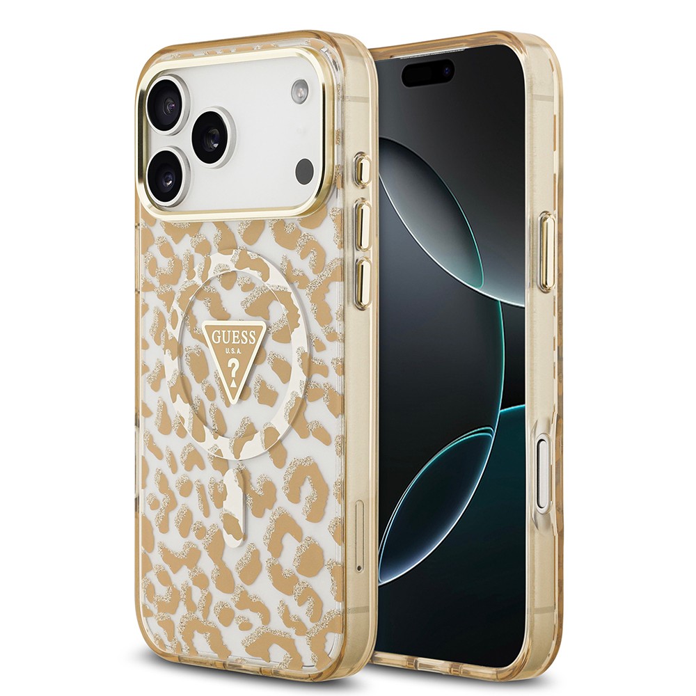 Apple iPhone 17 Pro Max Kılıf Guess Orjinal Lisanslı M-safe Şarj Özellikli Üçgen Logolu Simli Leopar Desenli Kapak