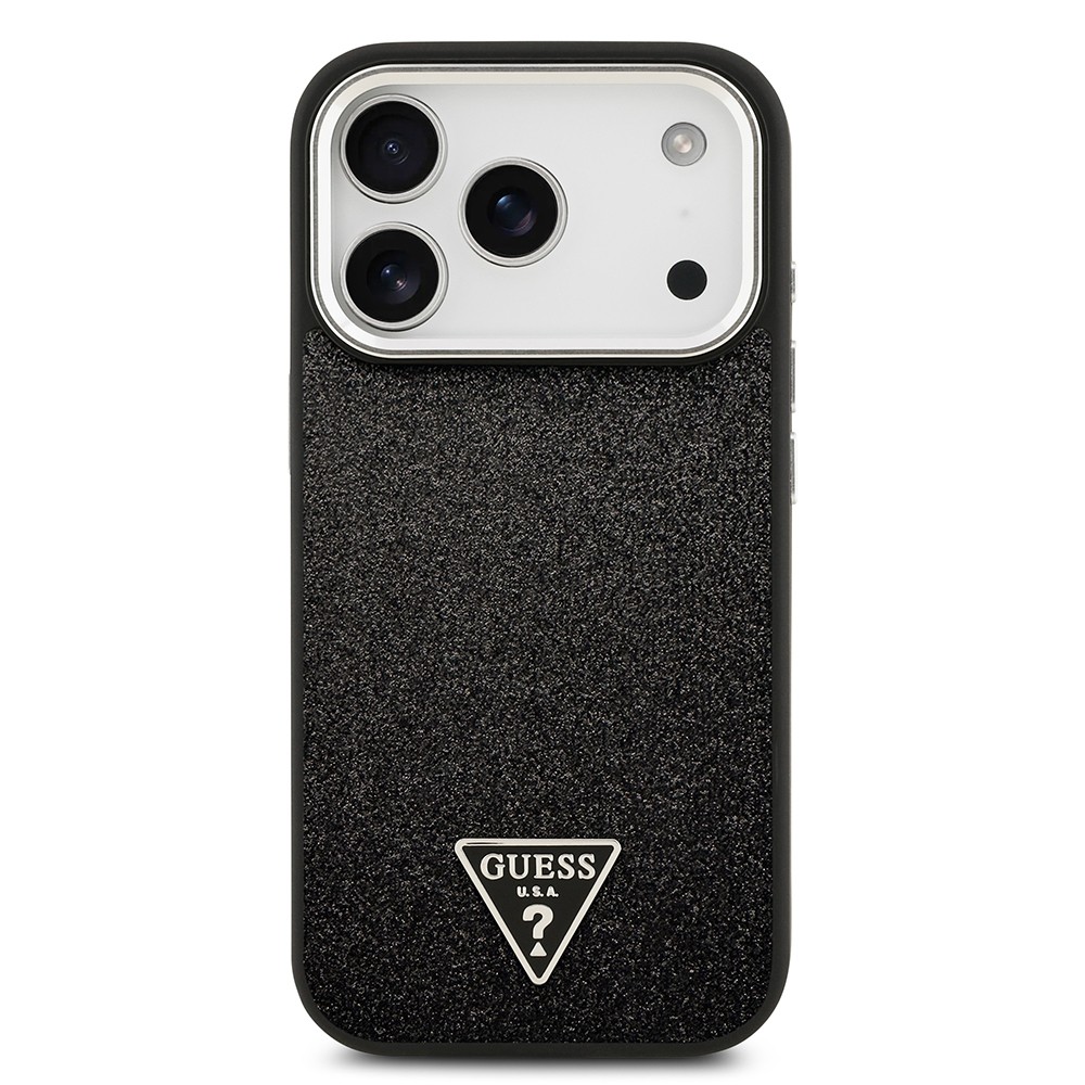 Apple iPhone 17 Pro Kılıf Guess Orjinal Lisanslı M-safe Şarj Özellikli Metal Kamera Çerçeveli Üçgen Logolu Glitter Kapak