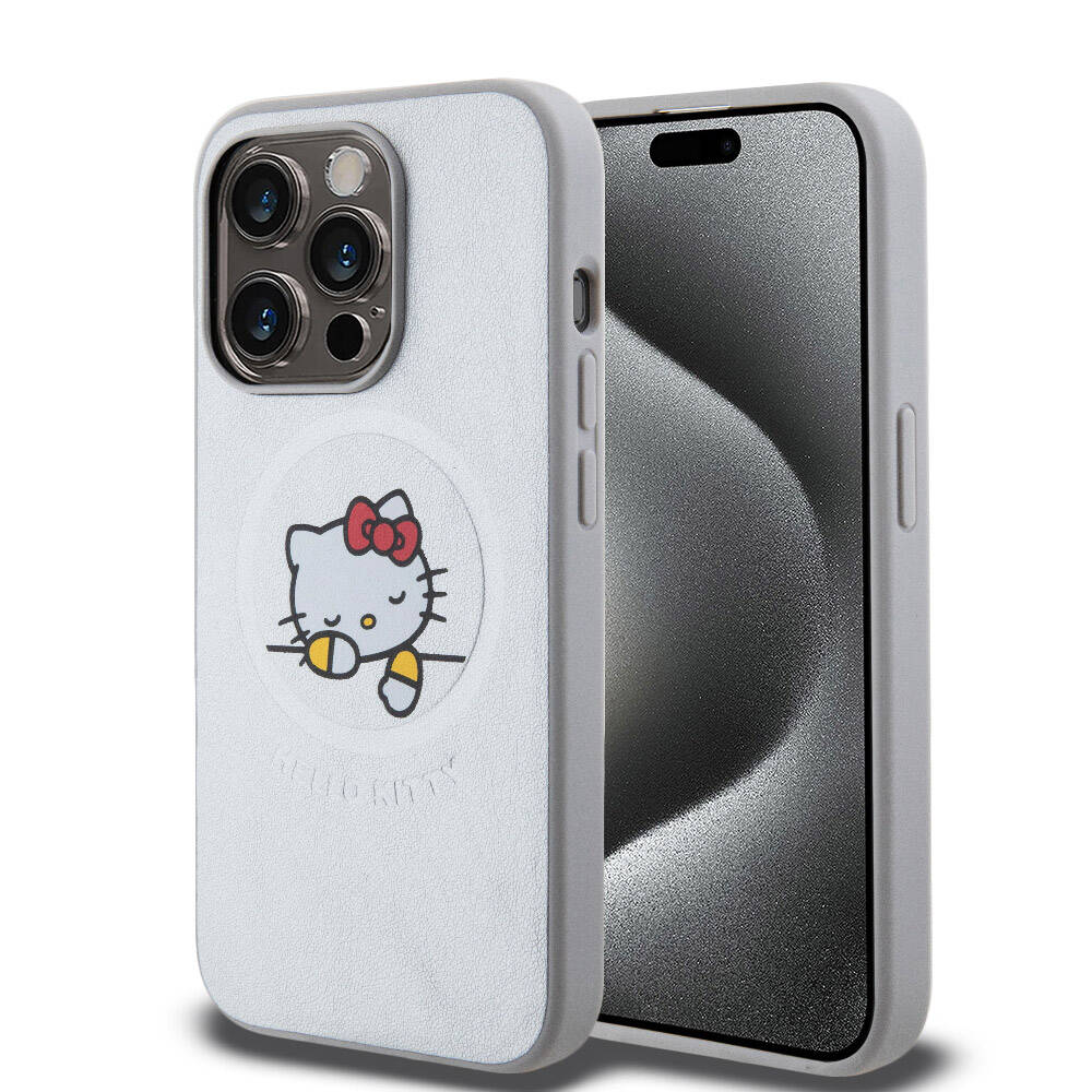Apple iPhone 15 Pro Max Kılıf Hello Kitty Orjinal Lisanslı M-safe Şarj Özellikli Baskı Logolu Uyuyan Kitty Deri Kapak