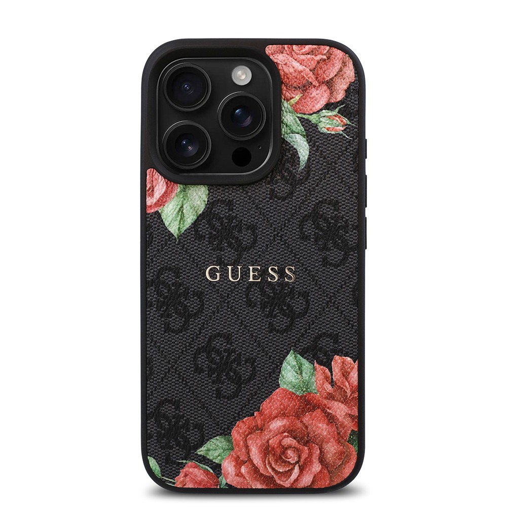 Apple iPhone 15 Pro Kılıf Guess Orjinal Lisanslı M-safe Şarj Özellikli Gül Baskılı 4G Desenli Yazı Logolu Kapak