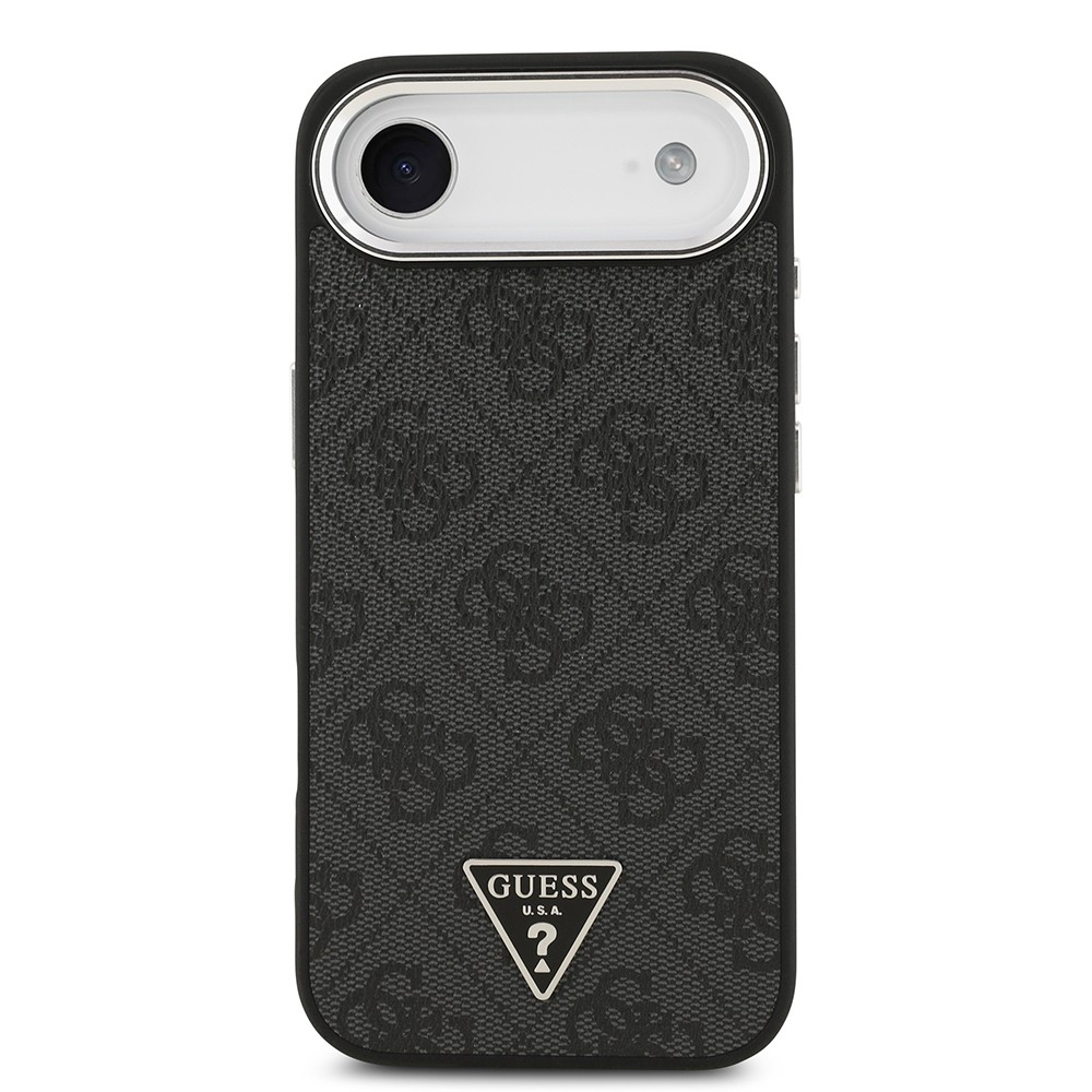 Apple iPhone 17 Air Kılıf Guess Orjinal Lisanslı M-safe Şarj Özellikli Gümüş Metal Kamera Çerçeveli Üçgen Logo 4G Desenli Kapak