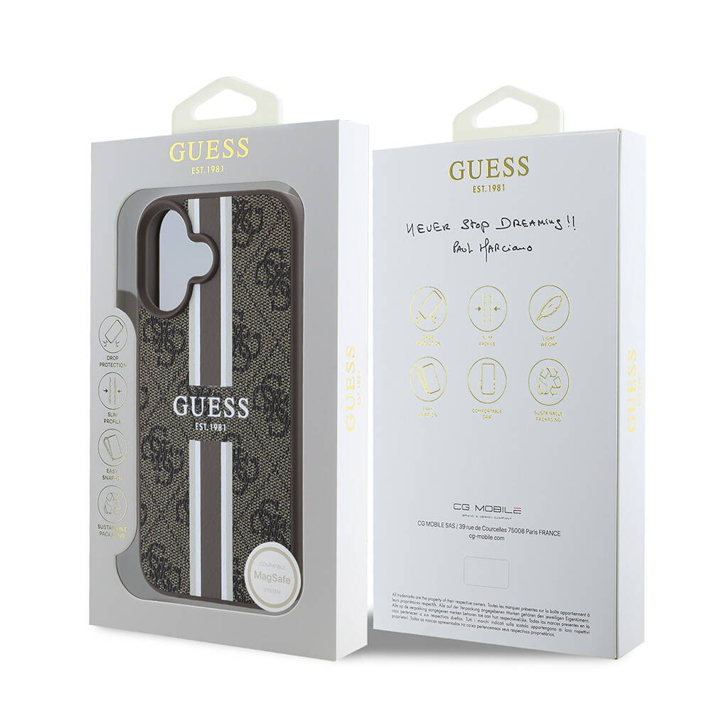 Apple iPhone 16 Kılıf Guess Orjinal Lisanslı M-safe Şarj Özellikli 4G Şerit Tasarımlı Printed Kapak