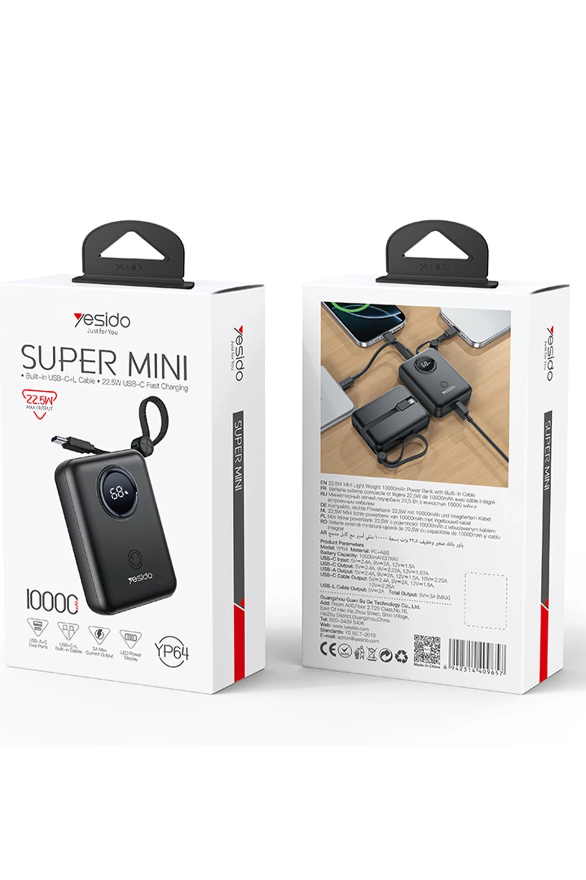 Yesido YP64 10.000 mAh Dijital Göstergeli Dahili Type-C ve Lightning Kablolu PD Mini Powerbank