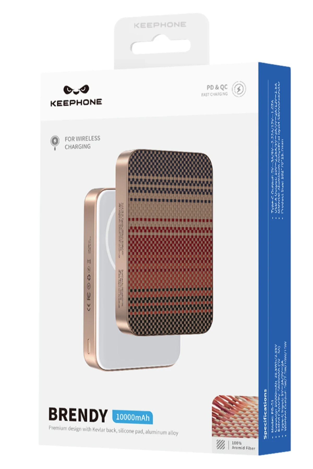 Keephone PB51 Brendy Kevlar 10.000 mAh 22.5W USB 20W Type-C ve 15W Kablosuz Şarj Destekli Magsafe Powerbank