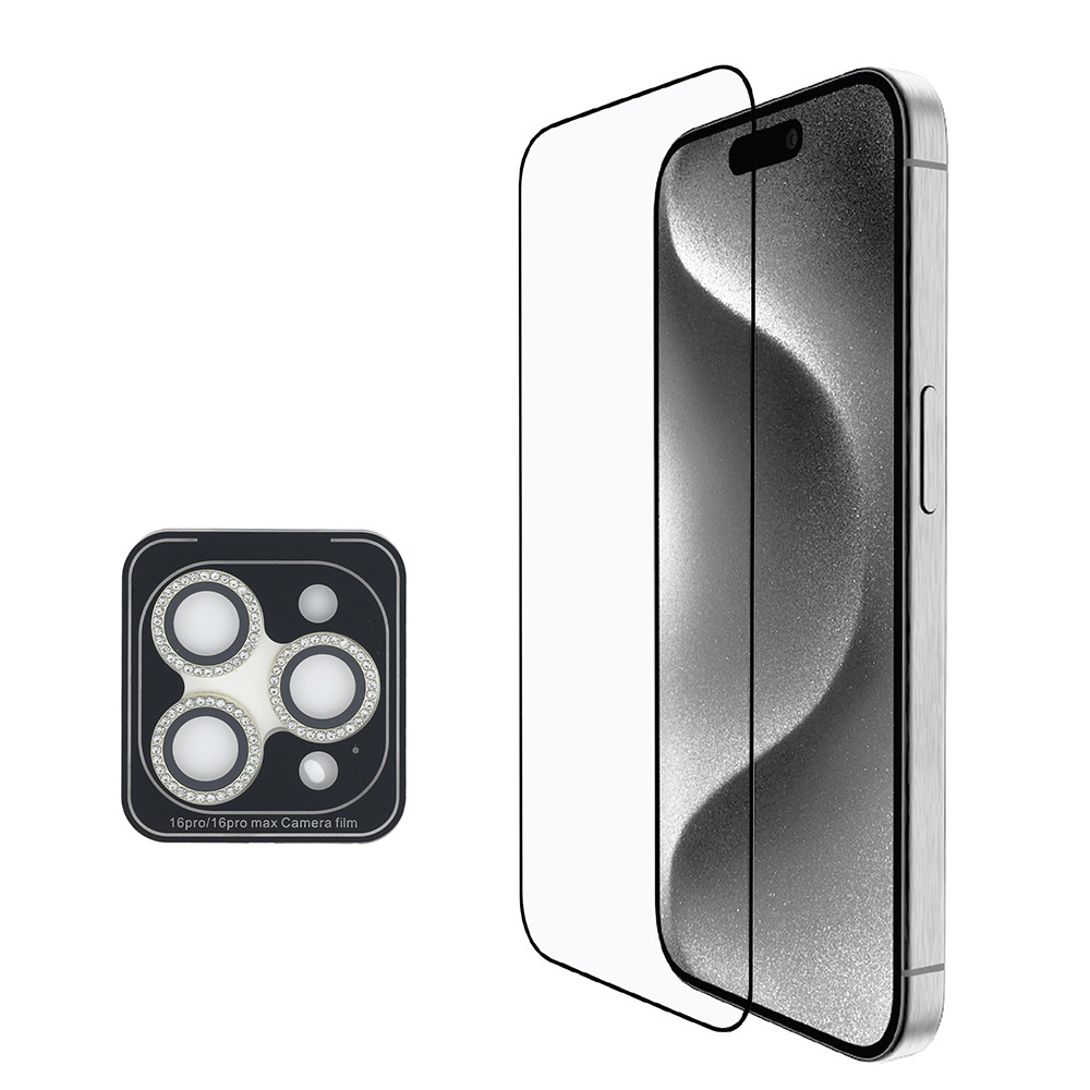 Apple iPhone 16 Pro Guess Orjinal Lisanslı 3'lü Aksesuar Seti IML Baskılı Simli Glitter Kılıf + Ekran Koruyucu + Lens Koruyucu