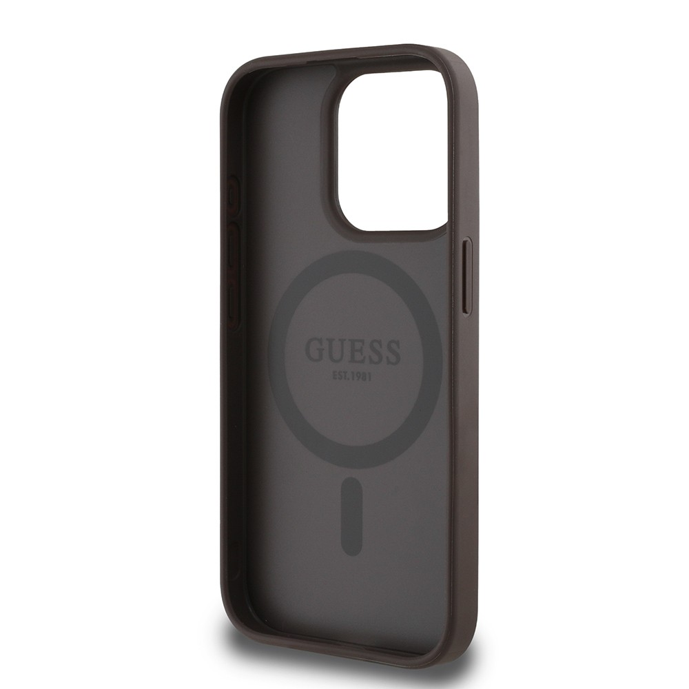 Apple iPhone 15 Pro Max Kılıf Guess Orjinal Lisanslı M-safe Şarj Özellikli Sıcak Baskılı Üçgen Logolu PU Deri Peony Kapak
