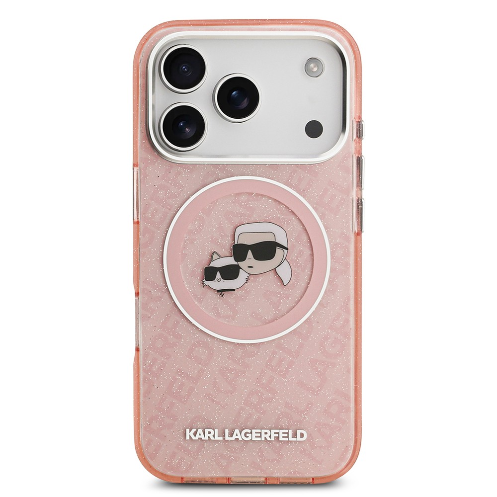 Apple iPhone 17 Pro Kılıf Karl Lagerfeld Orjinal Lisanslı Parlayan Simli Karl & Choupette Heads Kapak