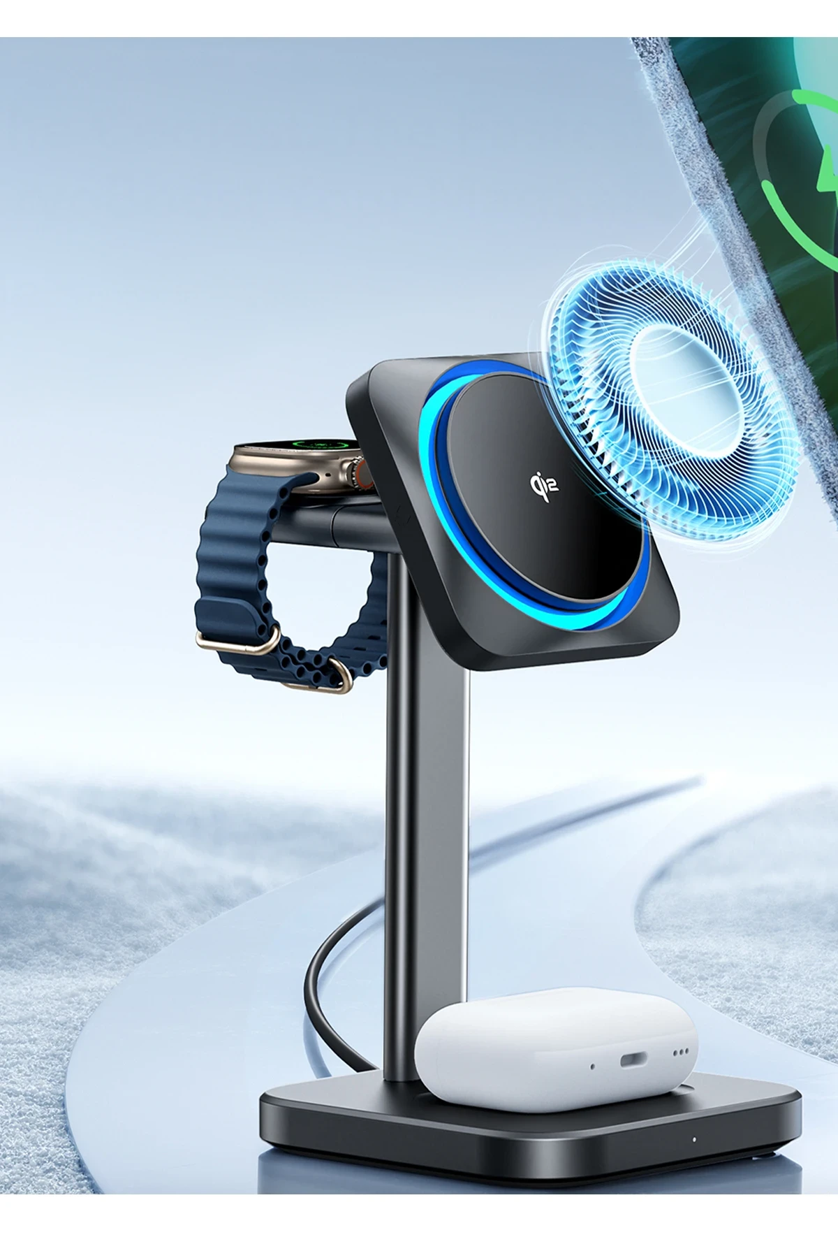 ESR Qi2 CryoBoost 3in1 Telefon, Saat ve Airpods İçin Magsafe Destekli Masaüstü Şarj Seti