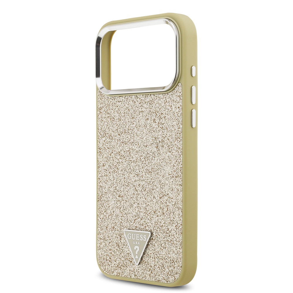 Apple iPhone 17 Pro Max Kılıf Guess Orjinal Lisanslı M-safe Şarj Özellikli Metal Kamera Çerçeveli Üçgen Logolu Glitter Kapak