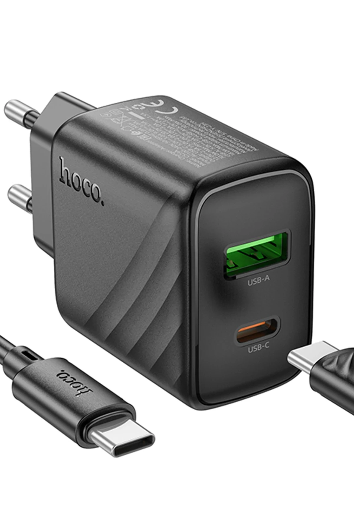 Hoco. CS23A Sunlight 30W 1 Adet Type-C ve 1 Adet USB 3.0 QC Çıkışlı Ekstra Type-C to Type-C Kablolu PD Hızlı Şarj Aleti