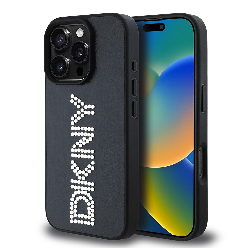 Apple iPhone 16 Pro Max Kılıf DKNY Orjinal Lisanslı Taşlı DKNY Yazılı Metalik Rhinestones PU Deri Kapak