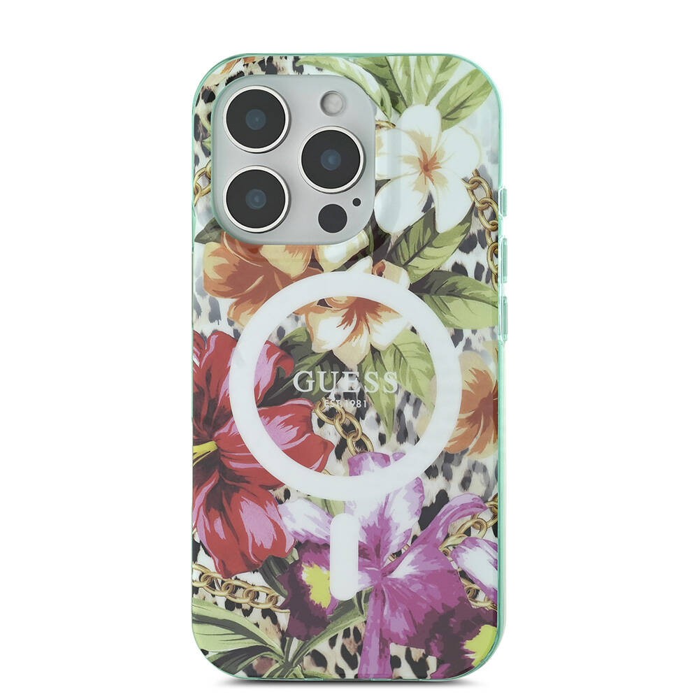Apple iPhone 16 Pro Max Kılıf Guess Orjinal Lisanslı M-safe Şarj Özellikli IML Baskılı Jungle Ring Kapak