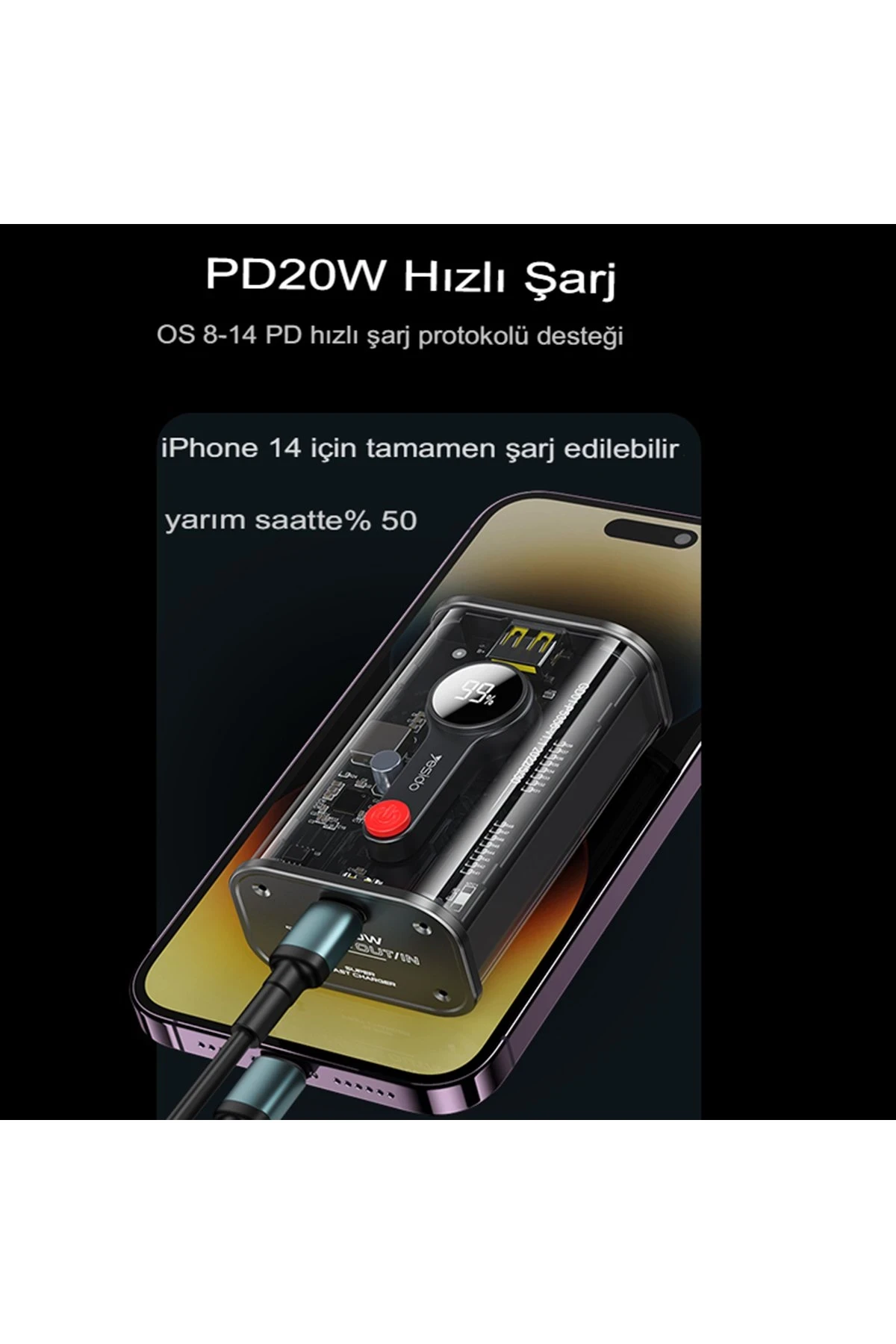 Yesido YP35 10.000 mAh USB3.0 PD Hızlı Şarj Powerbank - Şeffaf