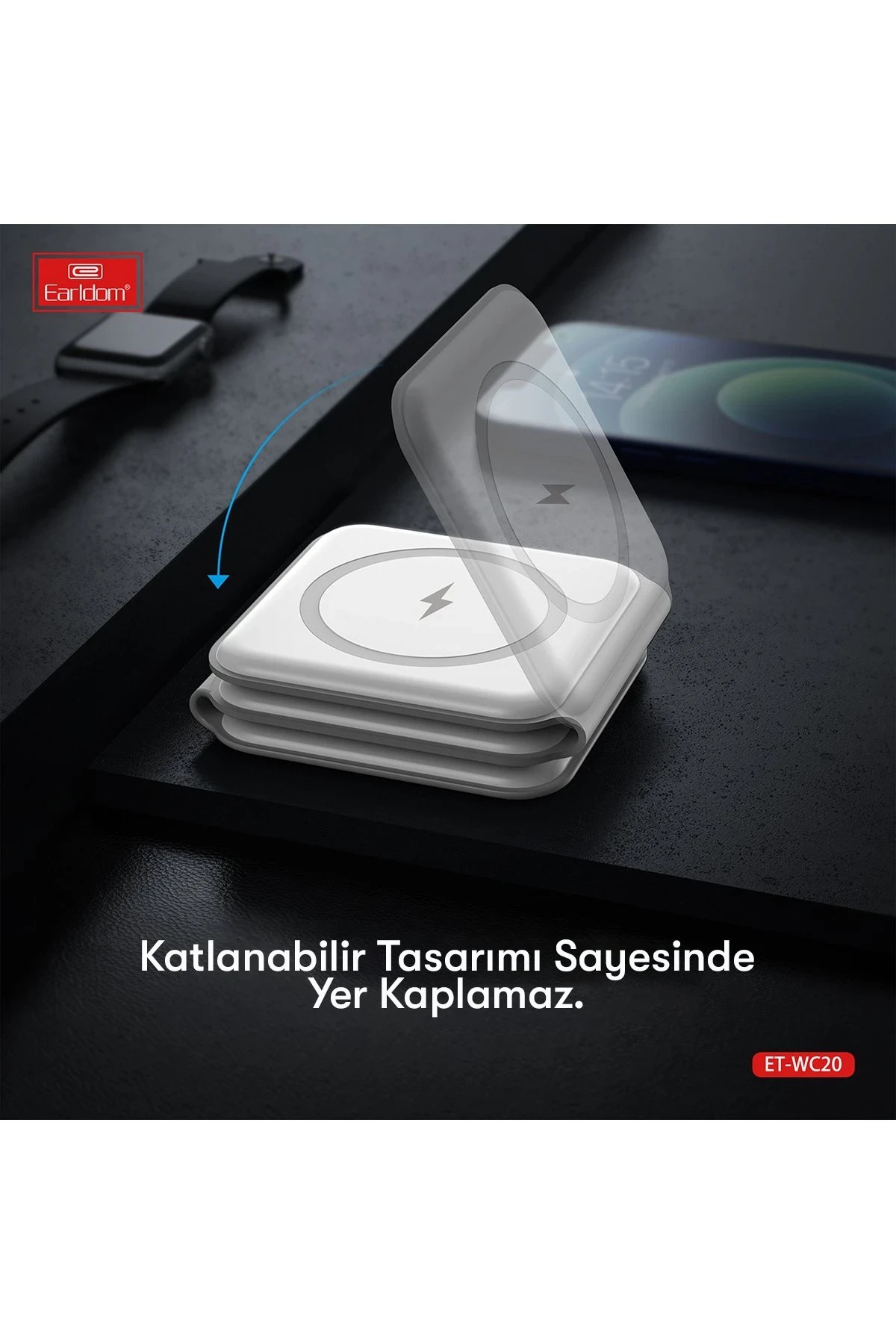 Earldom WC20 3in1 Katlanabilir Masaüstü Kablosuz Şarj Standı