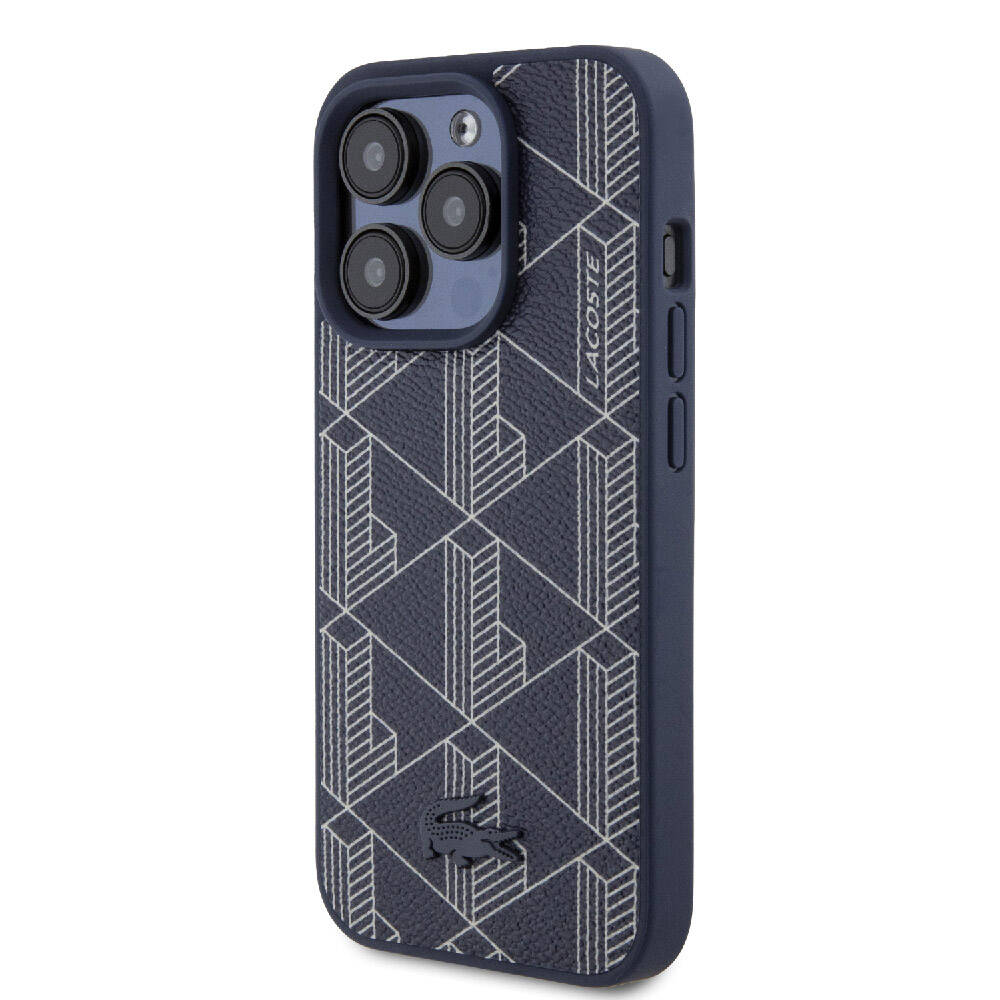 Apple iPhone 15 Pro Max Kılıf Lacoste Orjinal Lisanslı M-safe Şarj Özellikli PU Deri Görünümlü Karışık Monogram Desenli Kapak
