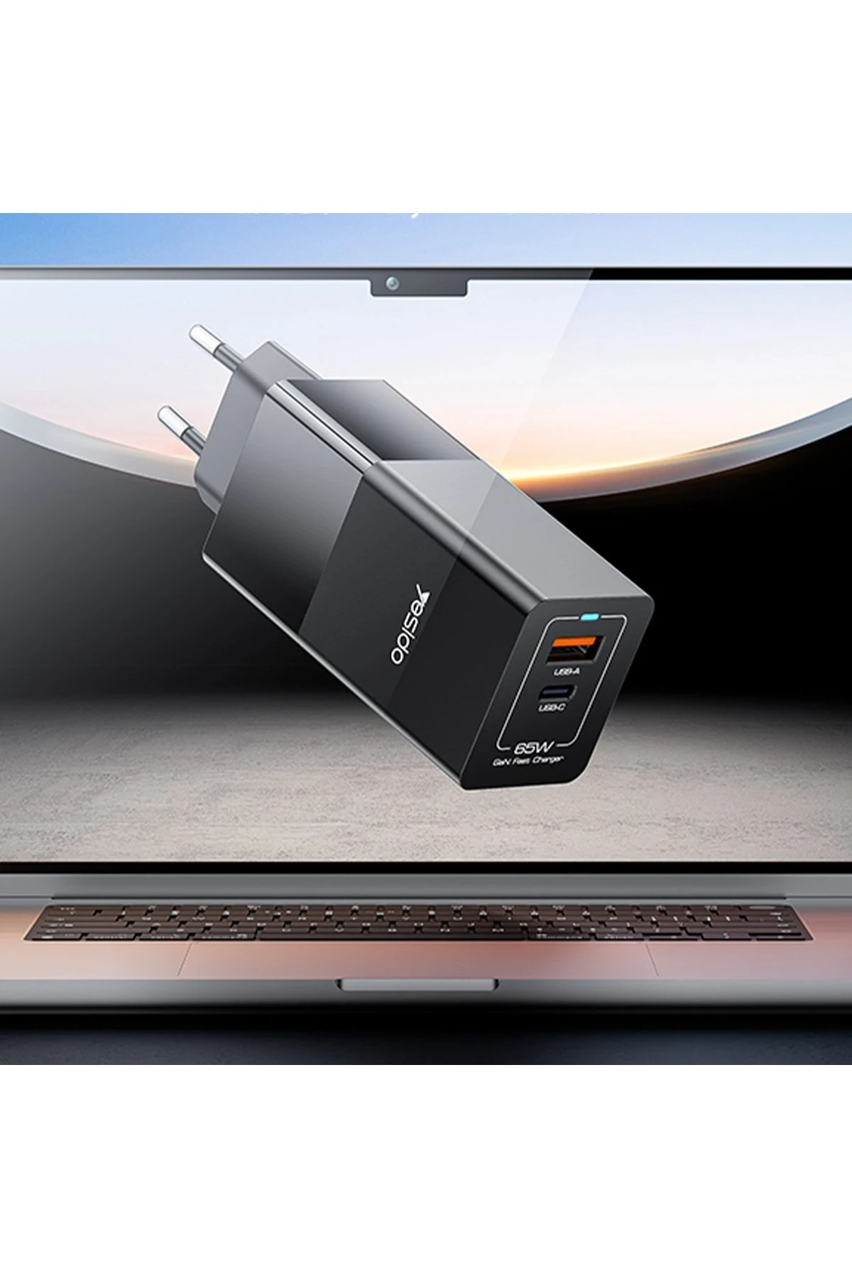 Yesido YC73 1 Adet 65W Type-C / 1 Adet 18W USB Çıkışlı Ekstra 1M Type-C to Type-C Kablolu GAN Hızlı Şarj Cihazı