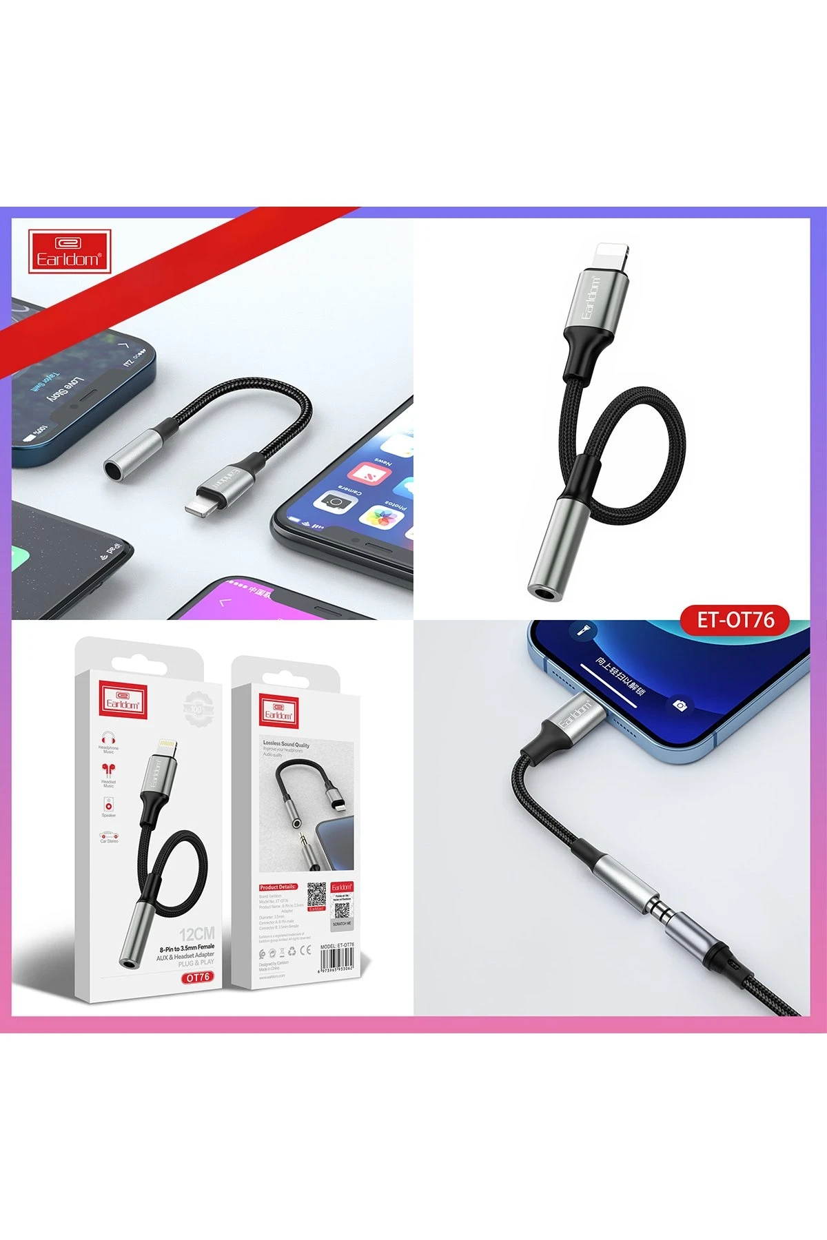 Earldom OT76 Tak Çalıştır 12cm Lightning to Aux Dönüştürücü