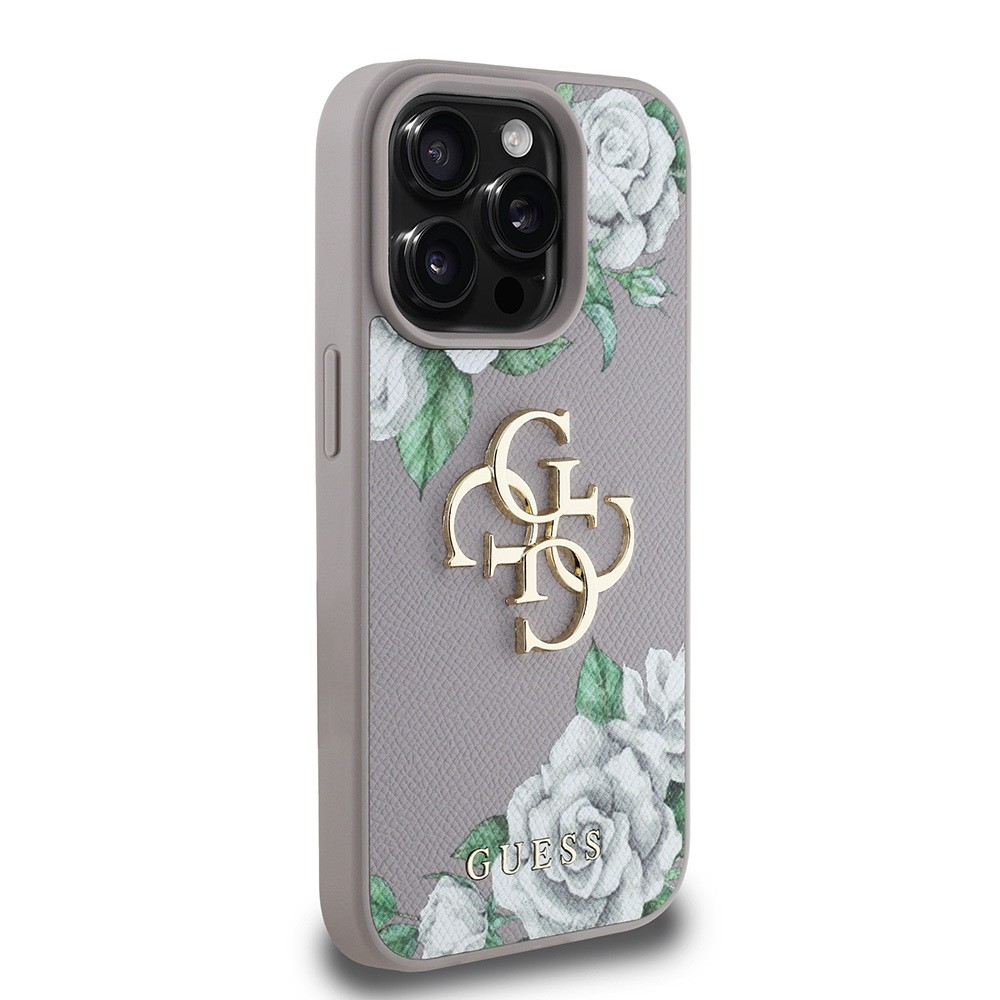 Apple iPhone 15 Pro Max Kılıf Guess Orjinal Lisanslı Gül Baskılı Büyük Metal Logo Dizaynlı Kapak