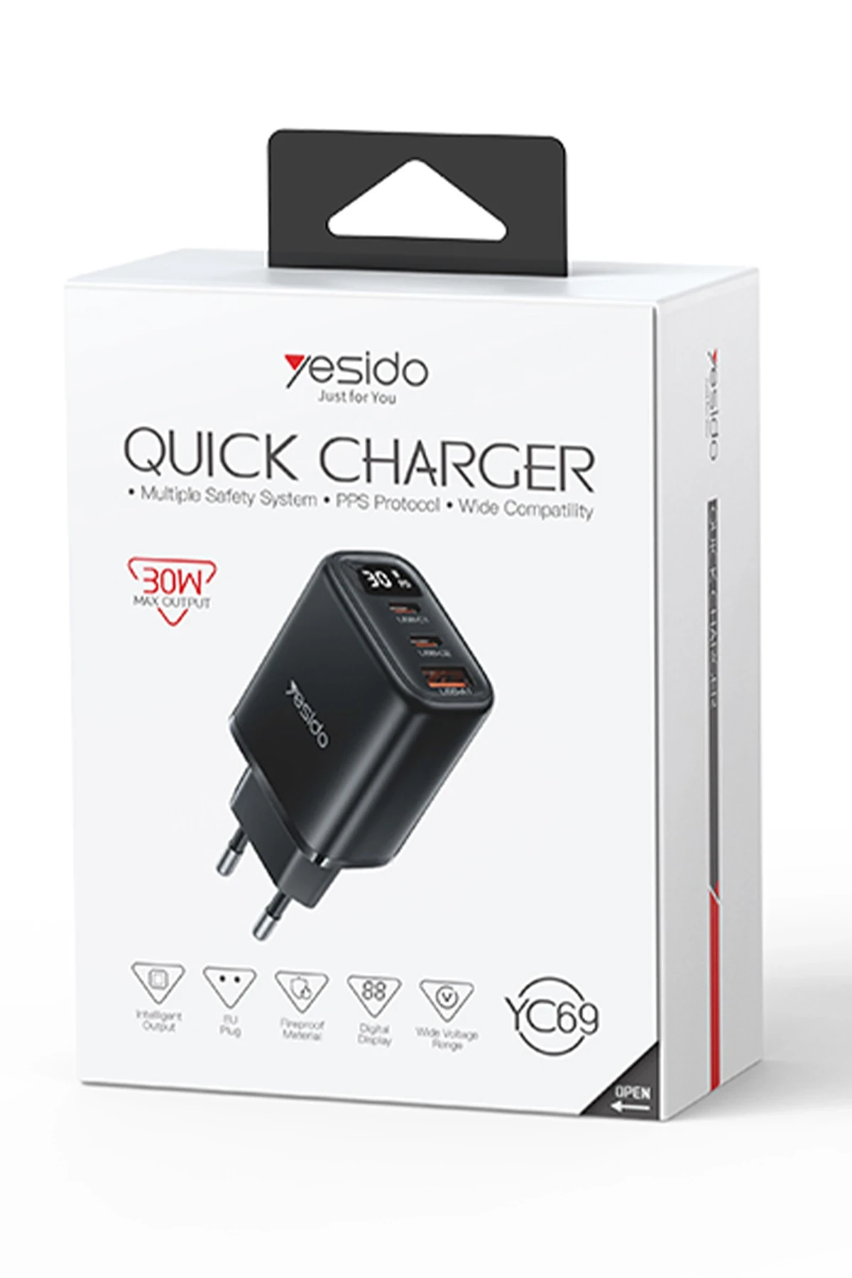 Yesido YC69 Dijital Göstergeli 1 Adet 30W USB ve 2 Adet 30W Type-C Çıkışlı PD Hızlı Şarj Cihazı