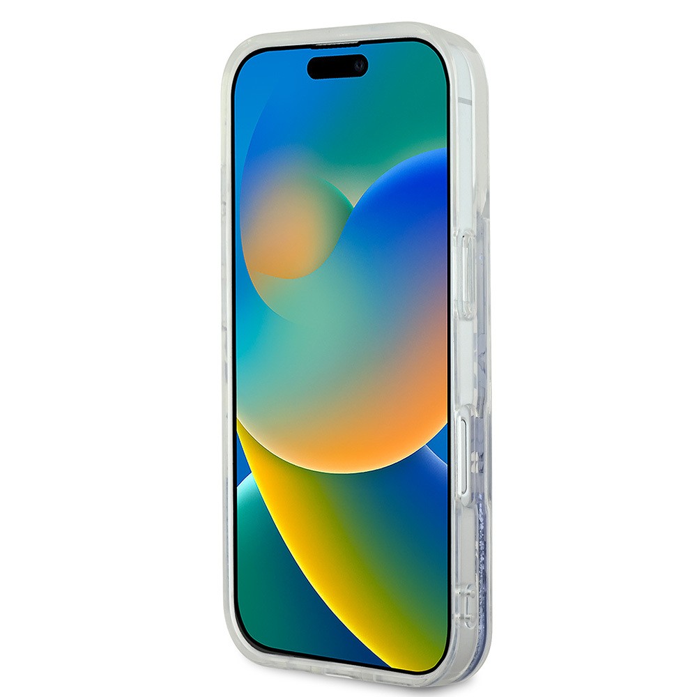 Apple iPhone 16 Kılıf Guess Orjinal Lisanslı M-safe Şarj Özellikli Sıvılı Simli Çiçek Desenli Kapak