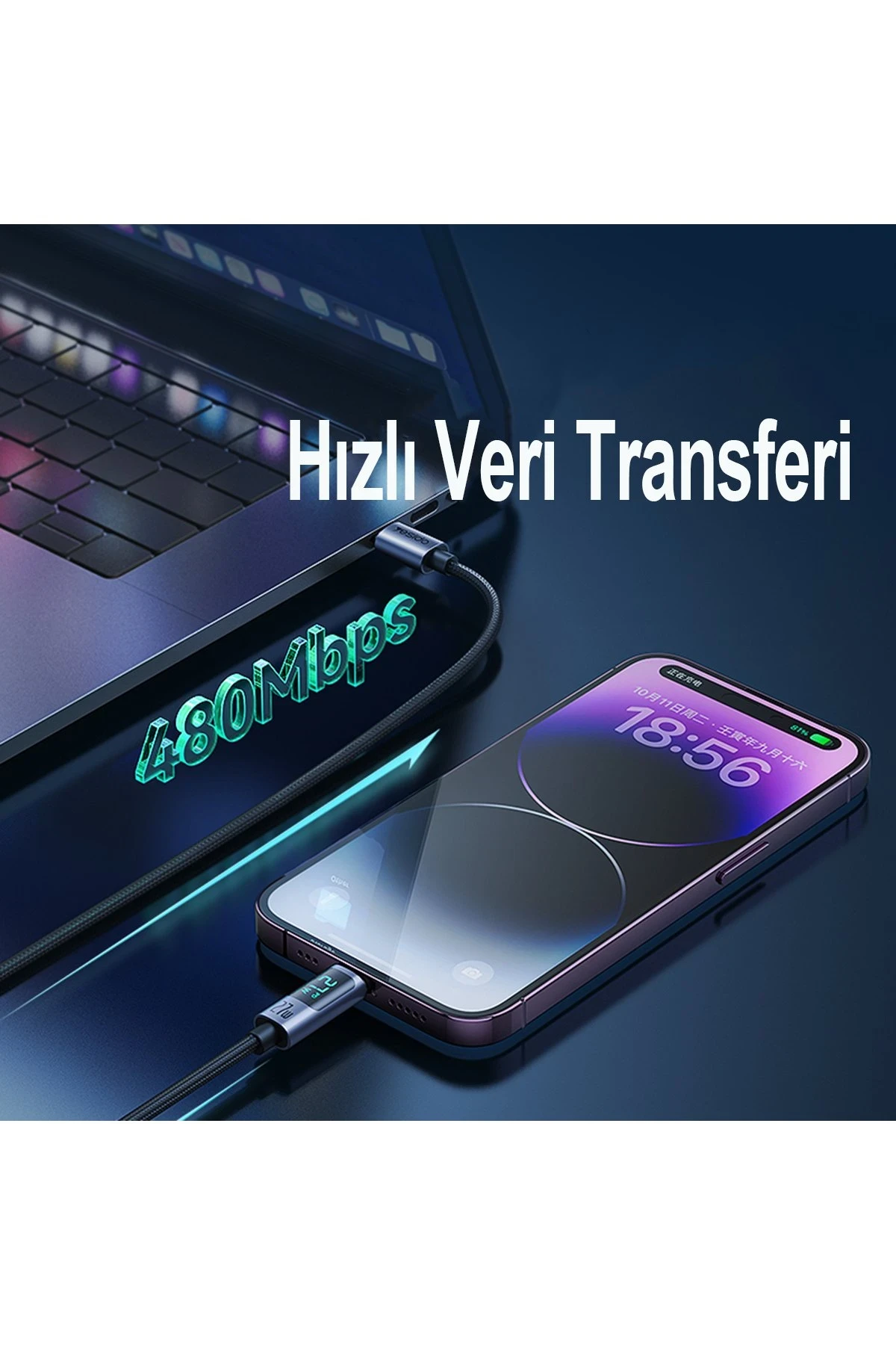 Yesido CA157 1.2M 27W Dijital Göstergeli Hasırlı Type-C to Lightning PD Hızlı Şarj Kablosu
