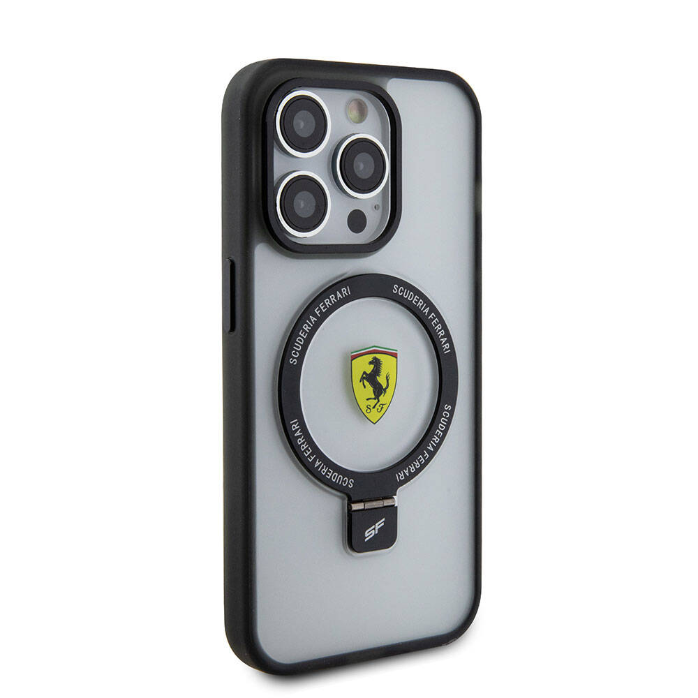 Apple iPhone 15 Pro Kılıf Ferrari M-safe Şarj Özellikli Standlı Buzlu Yüzey Dizayn Kapak