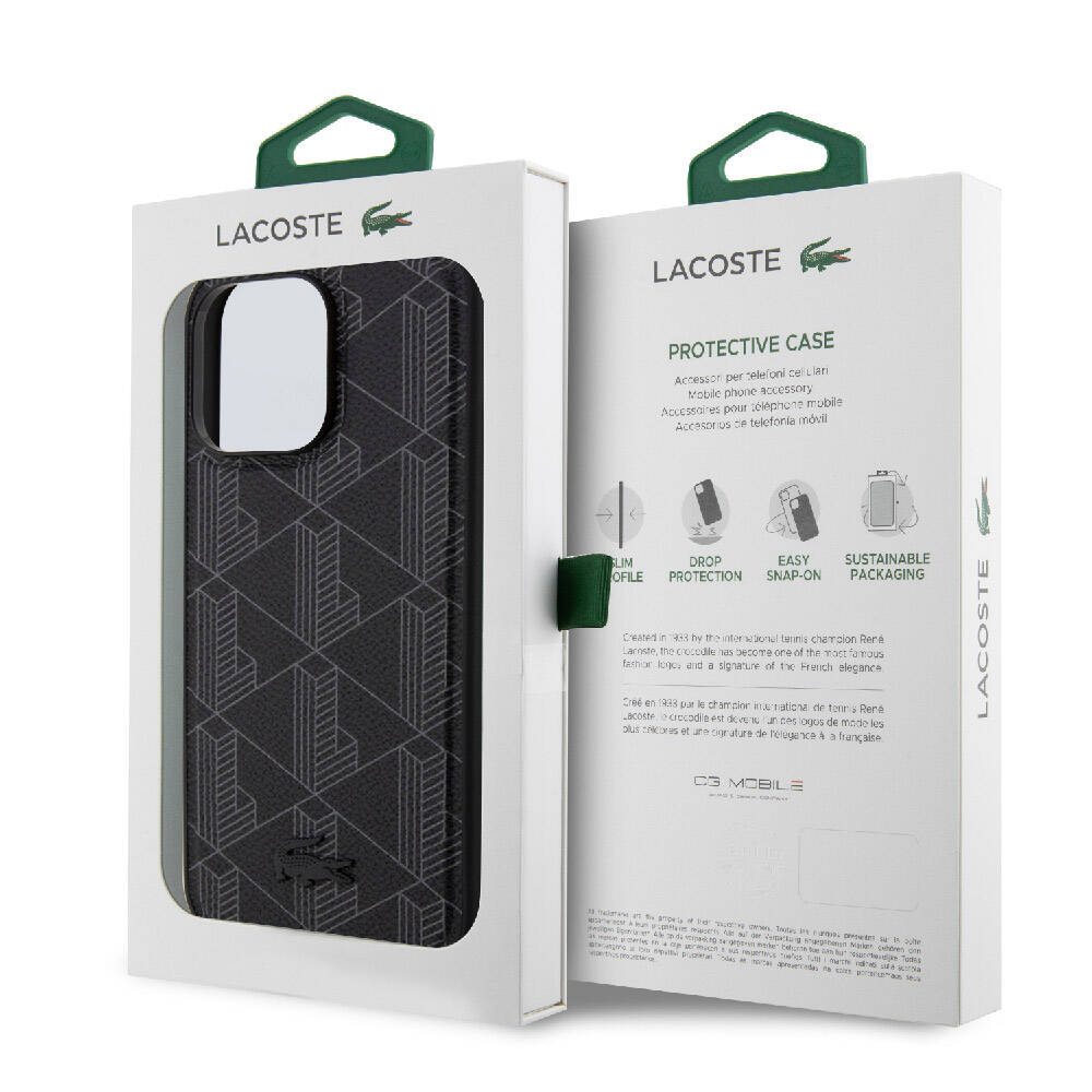 Apple iPhone 15 Pro Max Kılıf Lacoste Orjinal Lisanslı M-safe Şarj Özellikli PU Deri Görünümlü Karışık Monogram Desenli Kapak