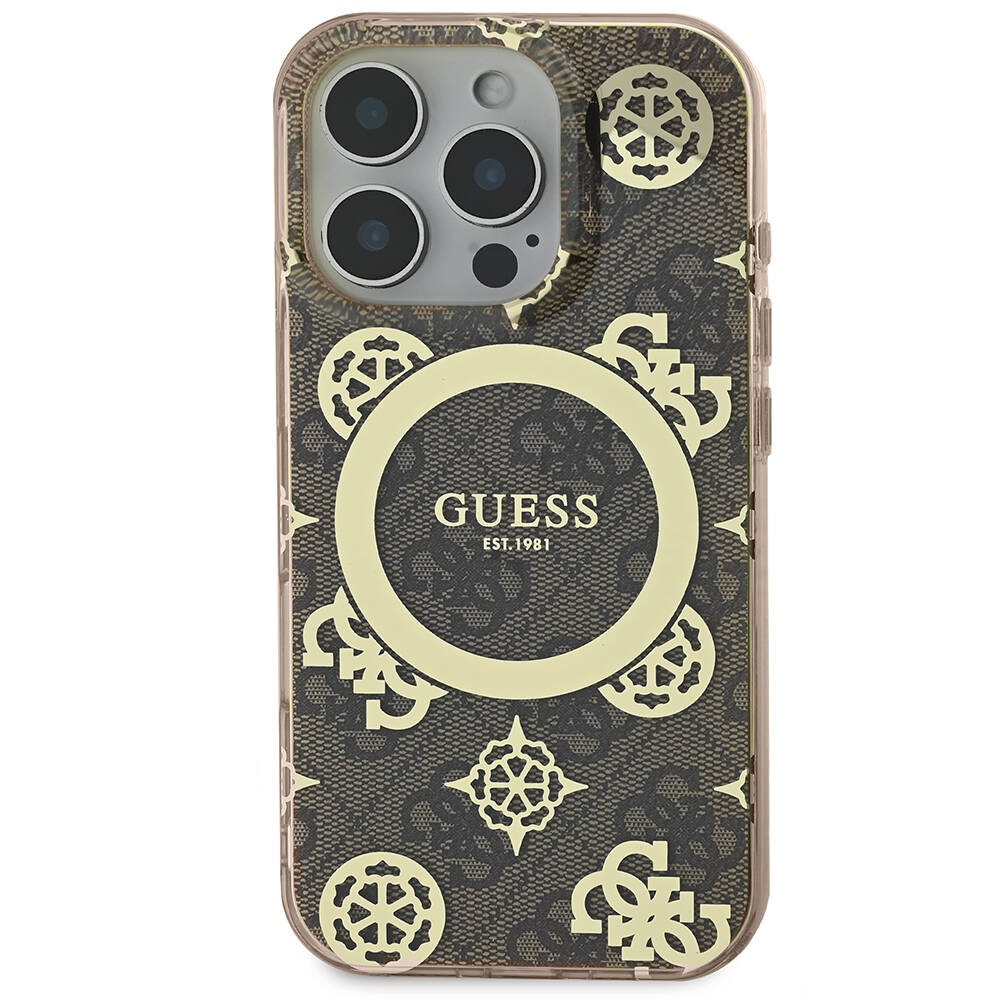 Apple iPhone 16 Pro Max Kılıf Guess Orjinal Lisanslı M-safe Şarj Özellikli IML Peony ve 4G Desenli Klasik Logolu Kapak