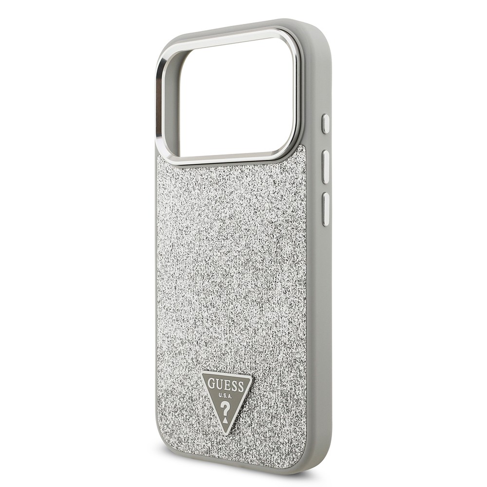 Apple iPhone 17 Pro Kılıf Guess Orjinal Lisanslı M-safe Şarj Özellikli Metal Kamera Çerçeveli Üçgen Logolu Glitter Kapak