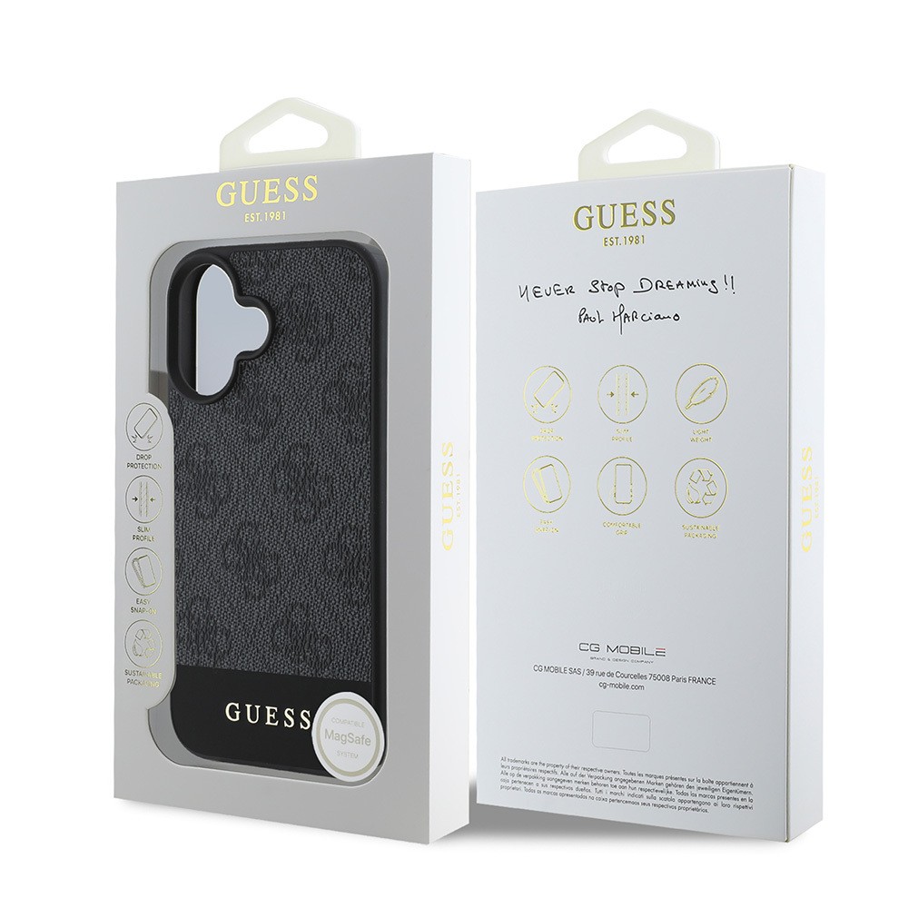 Apple iPhone 16 Kılıf Guess Orjinal Lisanslı M-safe Şarj Özellikli PU Deri Şerit Logo Dizaynlı Kapak