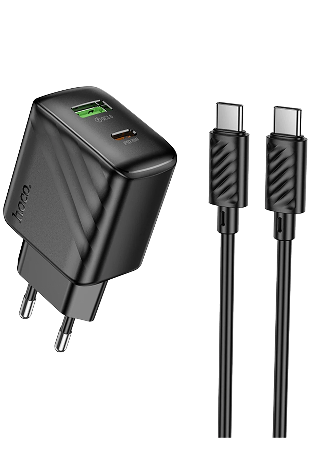 Hoco. CS25A Rico 20W 1 Adet Type-C ve 1 Adet USB 3.0 QC Çıkışlı Ekstra Type-C to Type-C Kablolu PD Hızlı Şarj Aleti