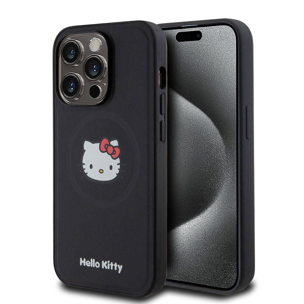 Apple iPhone 15 Pro Kılıf Hello Kitty Orjinal Lisanslı M-safe Şarj Özellikli Kitty Head Deri Kapak