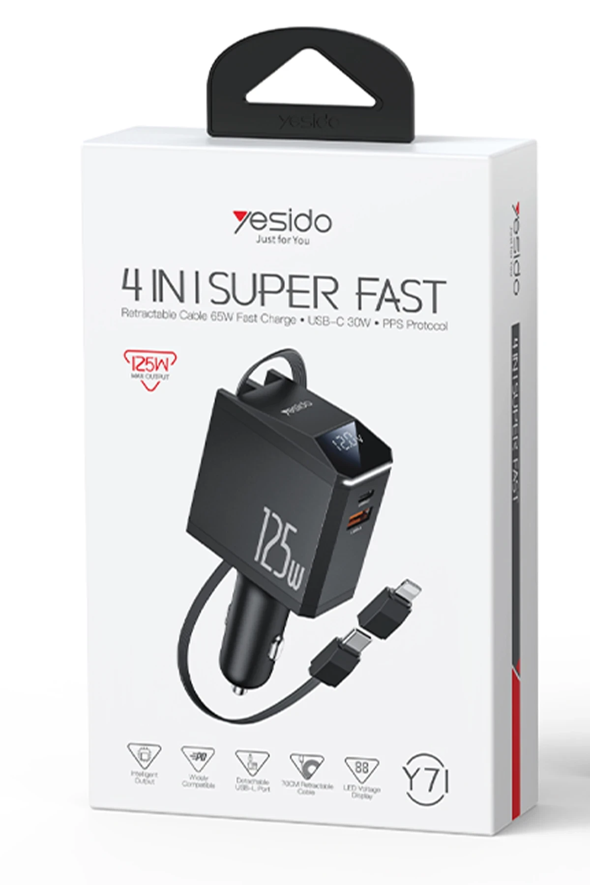 Yesido Y71 Dijital Göstergeli 1 Adet 30W Type-C ve 1 Adet 30W USB Çıkışlı Ekstra 65W Destekli Type-C Dahili Kablolu 125W Araç Şarj Aleti