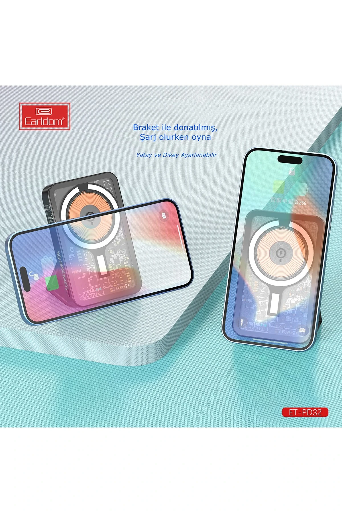 Earldom PD32 5.000 mAh 22.5W Kablosuz Şarjlı Standlı PD Hızlı Şarj Powerbank