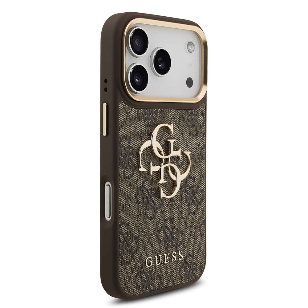 Apple iPhone 17 Pro Kılıf Guess Orjinal Lisanslı Gold Metal Kamera Çerçeveli 4G Desenli Metal Büyük 4G ve Yazı Logolu Kapak