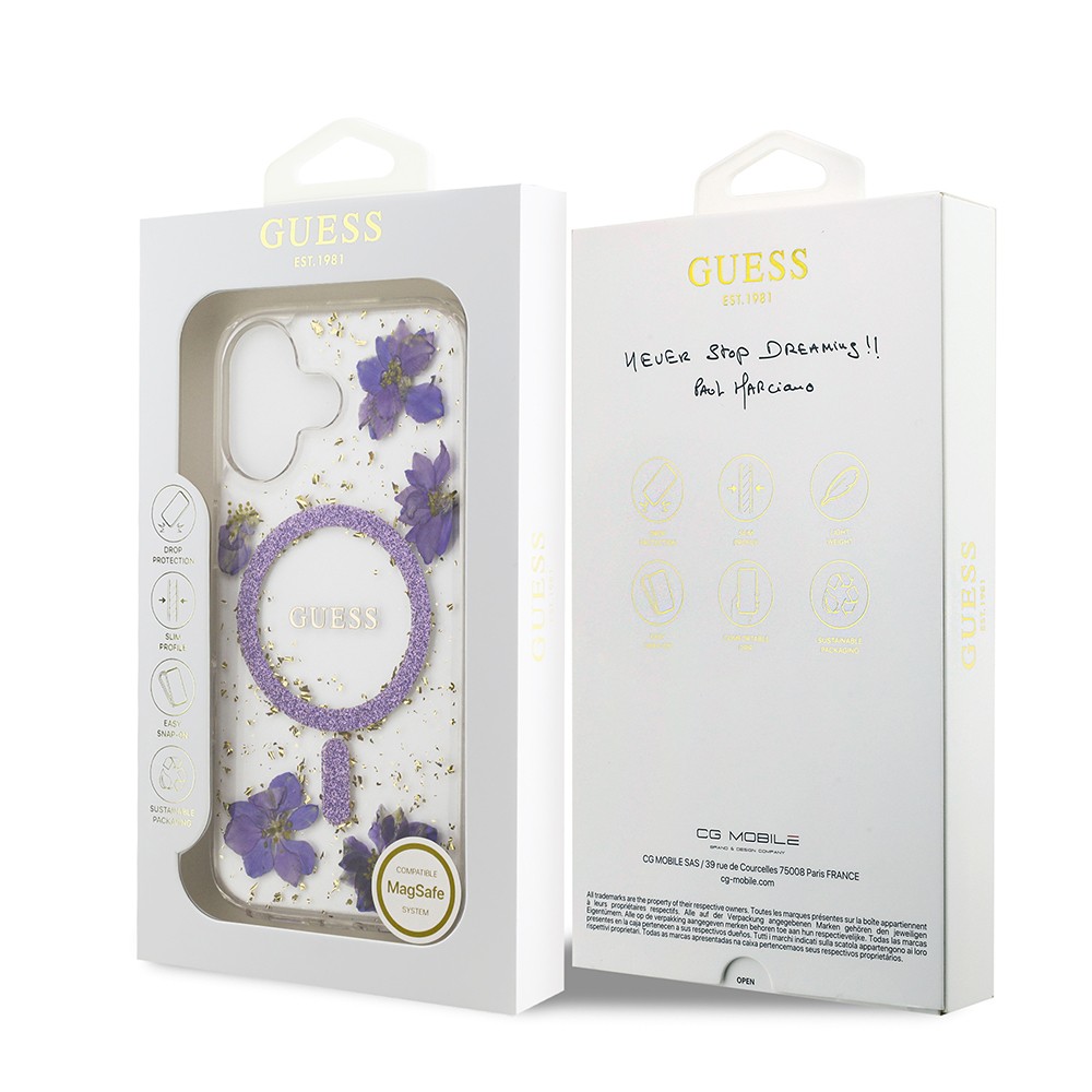 Apple iPhone 17 Kılıf Guess Orjinal Lisanslı M-safe Şarj Özellikli Transparan Resin Flowers Kapak