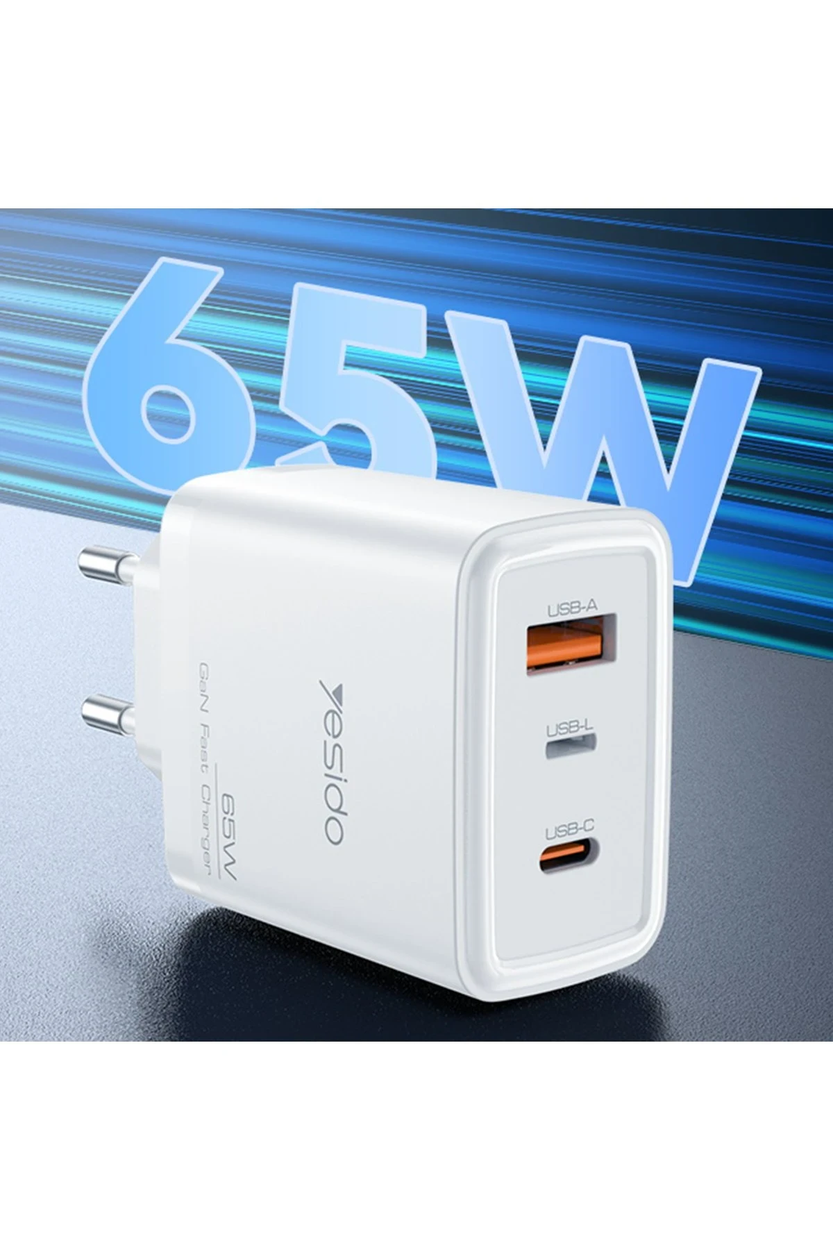 Yesido YC70 1 Adet 65W Type-C / 1 Adet 30W USB ve 1 Adet 45W Lightning Çıkışlı Ekstra 2M Type-C to Ligtning Kablolu GAN Hızlı Şarj Cihazı