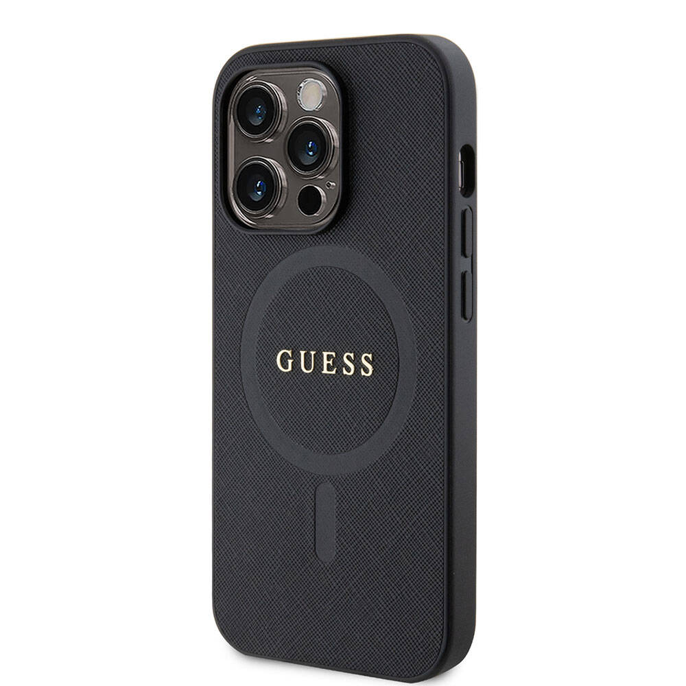 Apple iPhone 15 Pro Max Kılıf Guess Orjinal Lisanslı M-safe Şarj Özellikli Yazı Logolu Saffiano Kapak