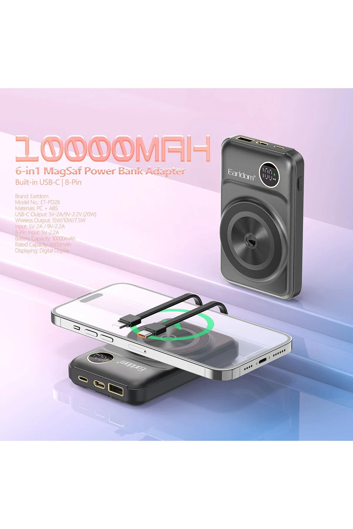 Earldom PD28 10.000 mAh 22.5W Kablosuz Şarjlı Dijital Göstergeli PD Hızlı Şarj Mini Powerbank