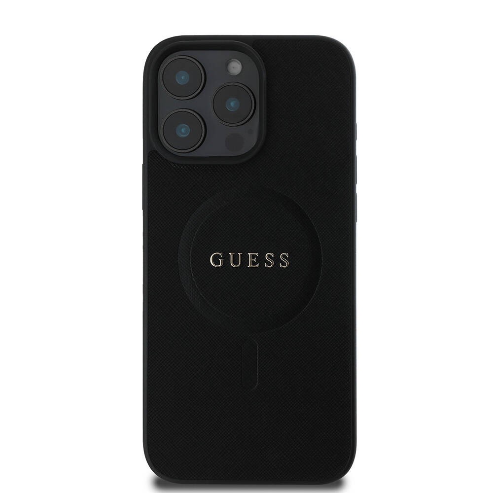 Apple iPhone 16 Pro Max Kılıf Guess Orjinal Lisanslı M-safe Şarj Özellikli Yazı Logolu Saffiano Classic Kapak