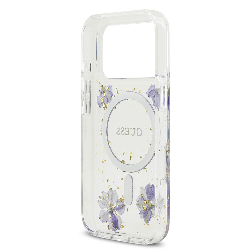 Apple iPhone 17 Pro Kılıf Guess Orjinal Lisanslı M-safe Şarj Özellikli Transparan Resin Flowers Kapak