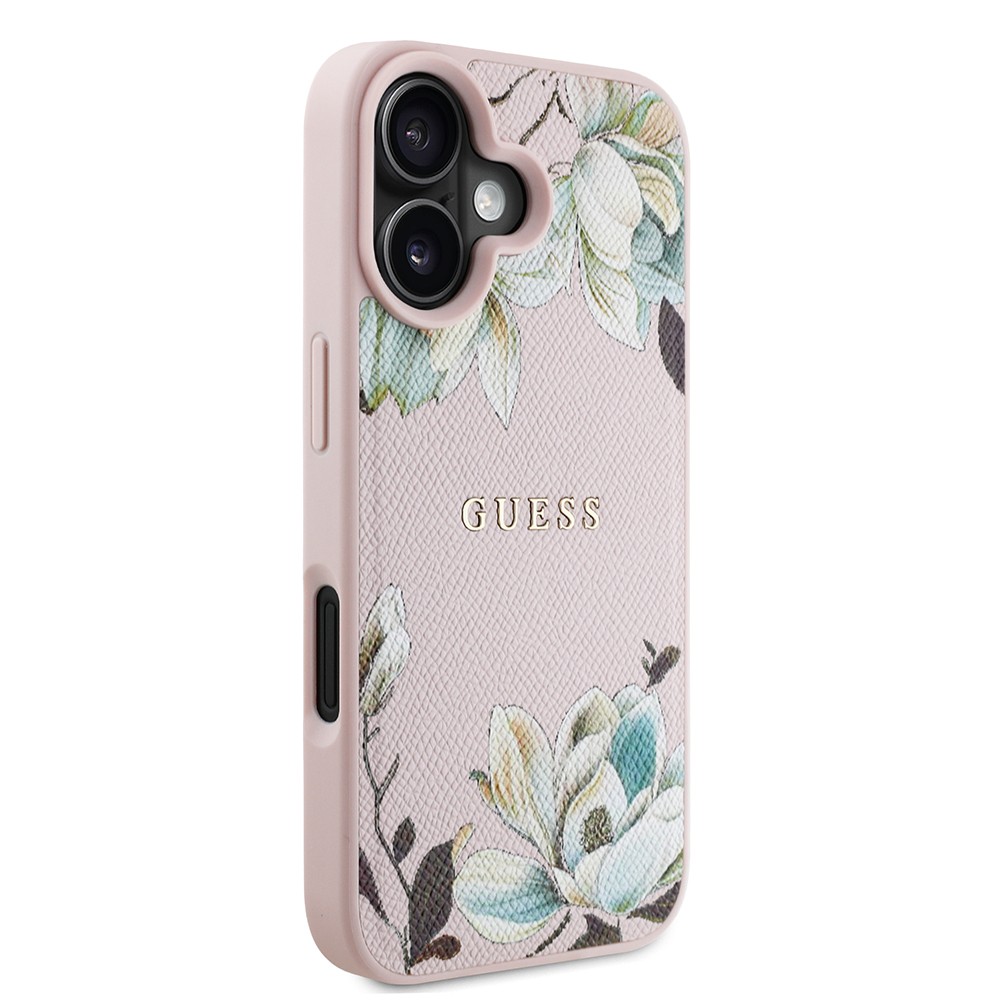 Apple iPhone 16 Kılıf Guess Orjinal Lisanslı M-safe Şarj Özellikli Taneli Çiçek Tasarımlı Metal Yazı Logolu Kapak