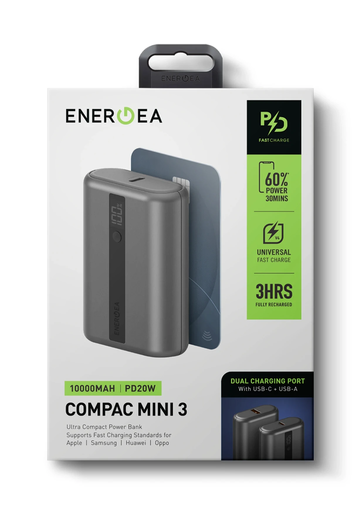 Energea ComPac Mini 3 10.000 mAh Dijital Göstergeli 20W Type-C ve 18W USB Çıkışlı PD Hızlı Şarj Powerbank