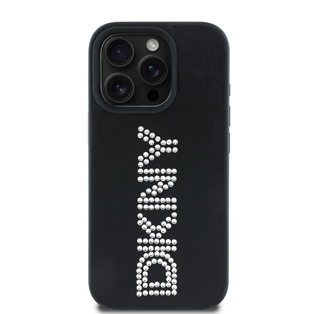Apple iPhone 15 Pro Max Kılıf DKNY Orjinal Lisanslı Taşlı DKNY Yazılı Metalik Rhinestones PU Deri Kapak