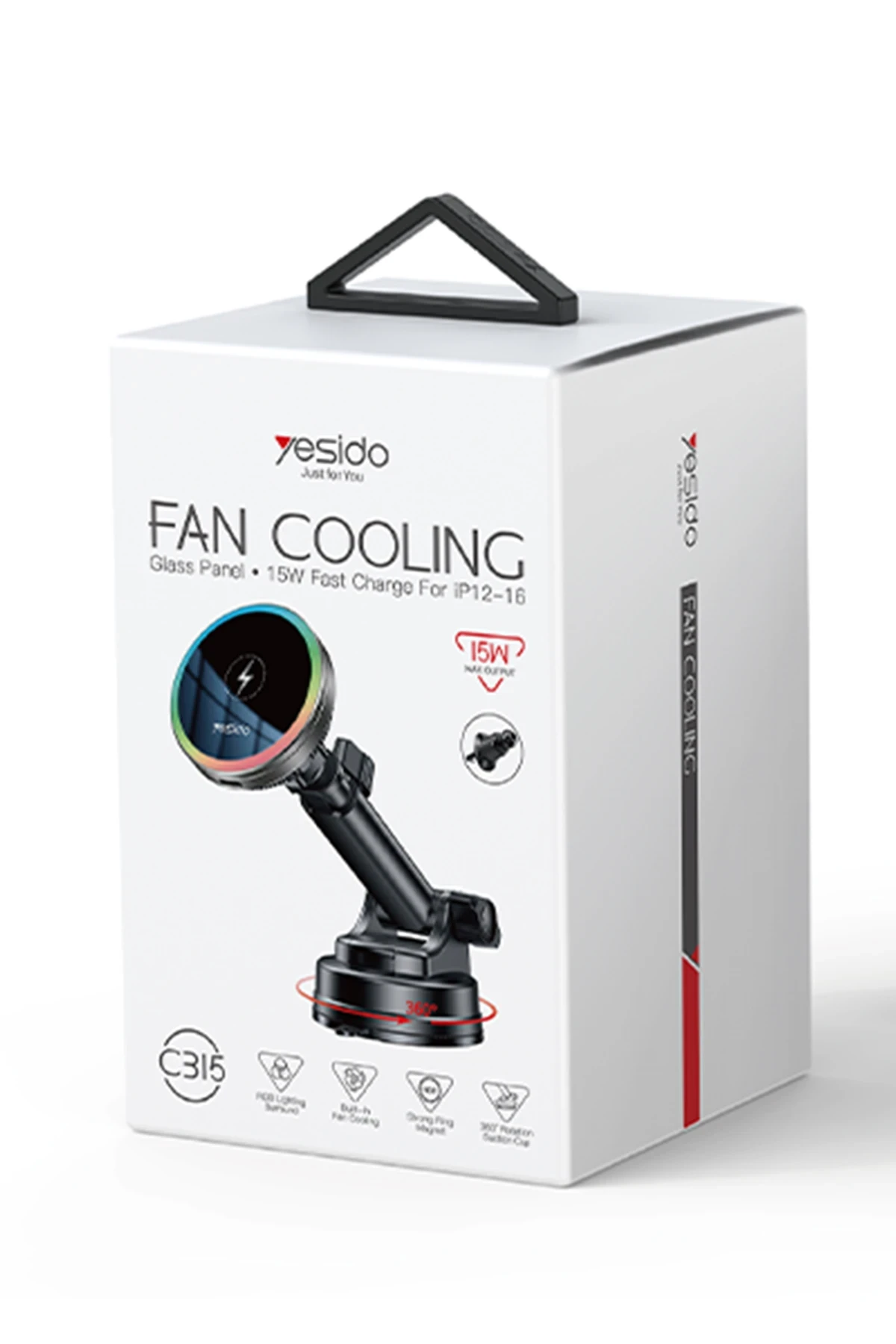 Yesido C315 2in1 Izgara Klipsli ve Vantuzlu 360 Derece Ayarlanabilir RGB Işıklı Cam Yüzeyli Fan Soğutuculu 15W Kablosuz Şarjlı Araç Tutucu
