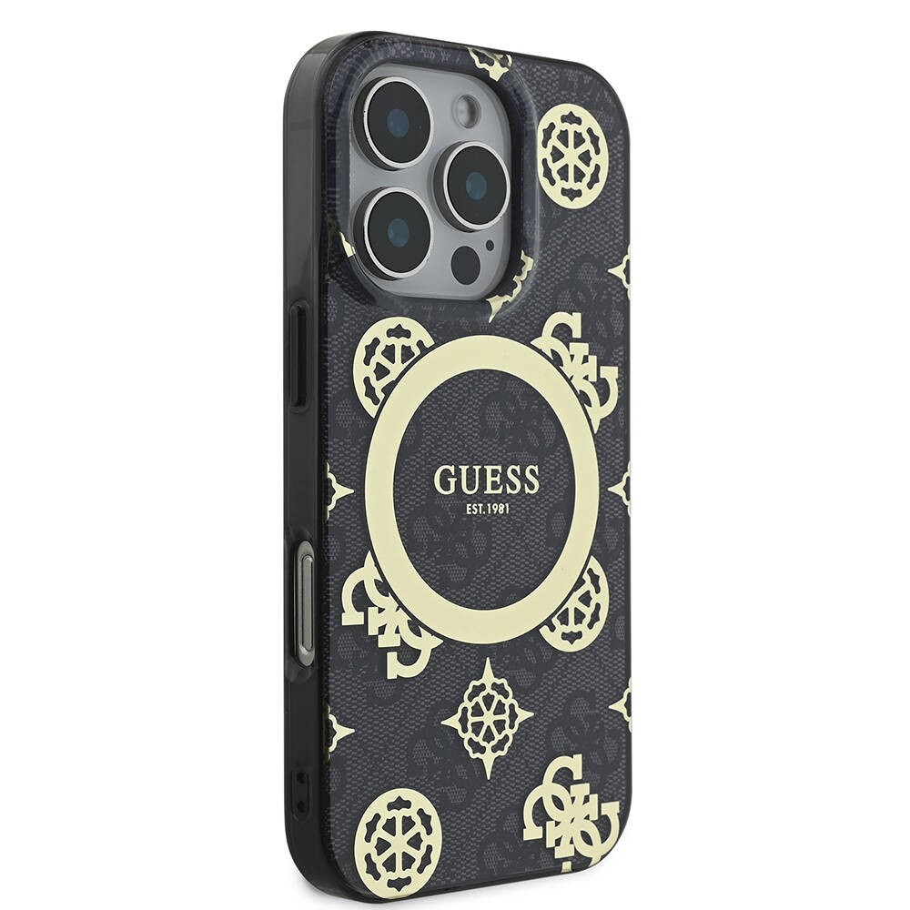 Apple iPhone 16 Pro Max Kılıf Guess Orjinal Lisanslı M-safe Şarj Özellikli IML Peony ve 4G Desenli Klasik Logolu Kapak