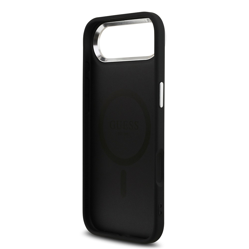 Apple iPhone 17 Air Kılıf Guess Orjinal Lisanslı M-safe Şarj Özellikli Gümüş Metal Kamera Çerçeveli Üçgen Logo 4G Desenli Kapak